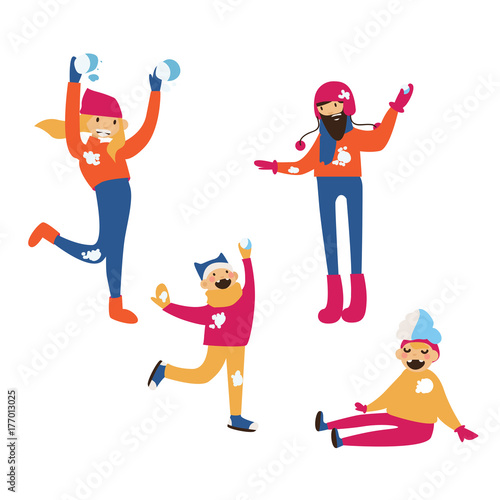 Isolated on white vector group of people. Happy family fighting with snow balls.