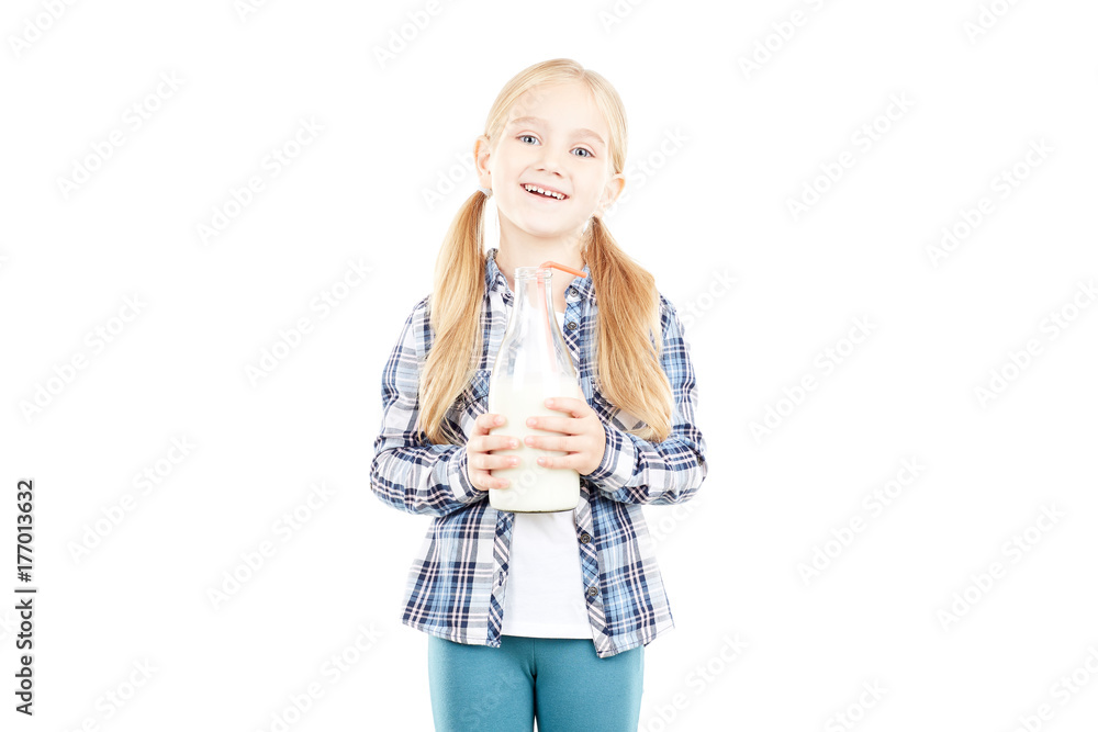 Portrait of beautiful little girl in checked shirt against white background