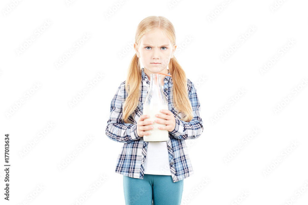 Portrait of beautiful little girl in checked shirt against white background Portrait of beautiful little girl in checked shirt against white background
