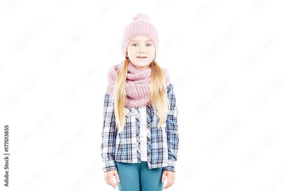 Studio portrait of little girl wearing knit hat and snood scarf Studio portrait of little girl wearing knit hat and snood scarf
