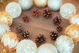 Christmas decorations, rustic style, wood and golden color