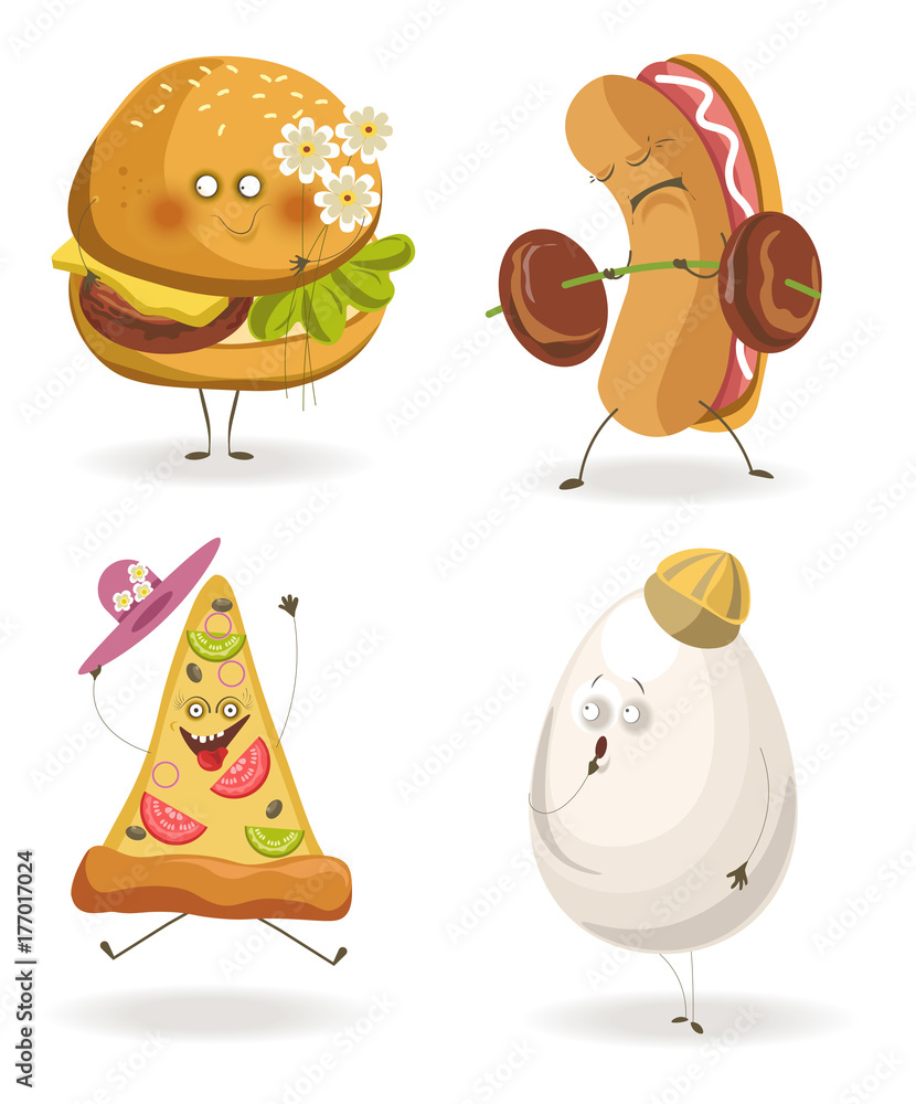 Cartooon fast food characters with cheerful human face expressions. Cartooon fast food characters with cheerful human face expressions.