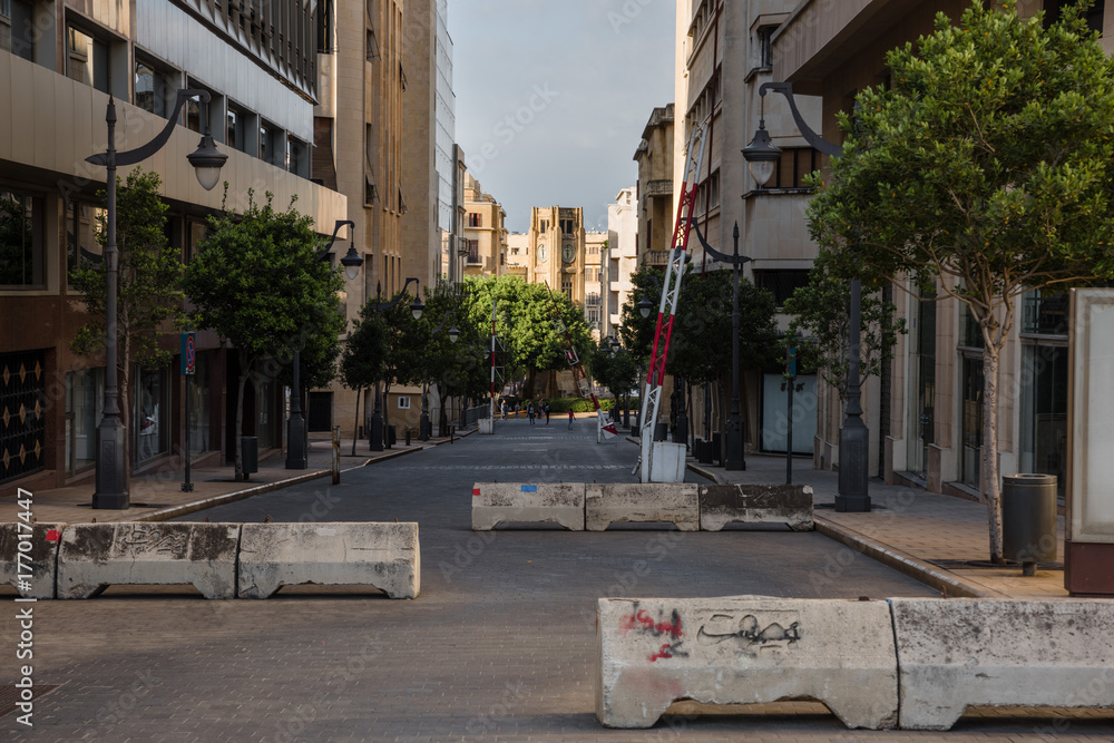 Roadblocks in Rue du Parlement that limit access to central Jenmeh Square, in Beirut, Lebanon Roadblocks in Rue du Parlement that limit access to central Jenmeh Square, in Beirut, Lebanon