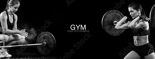 Sporty and fit blond woman with dumbbell exercising at black background to stay fit. Workout and fitness motivation.