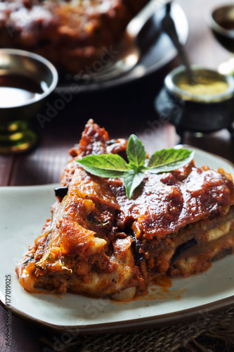 Eggplant lasagna with cheese and basil