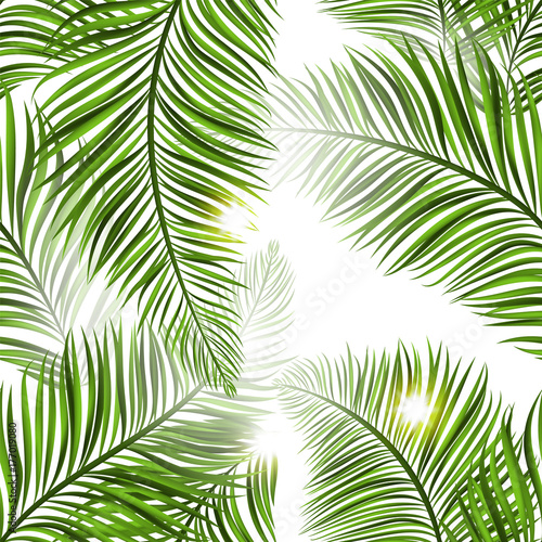 Beautiful tropical summer seamless pattern. Realistic palm leaves  brigh green color with golden sparkles and shine on white background. Vector illustration