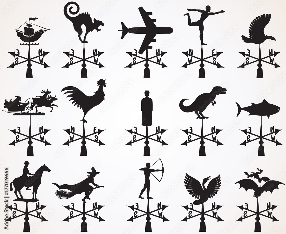 Hand drawn Image. Set of different weather vanes Hand drawn Image. Set of different weather vanes