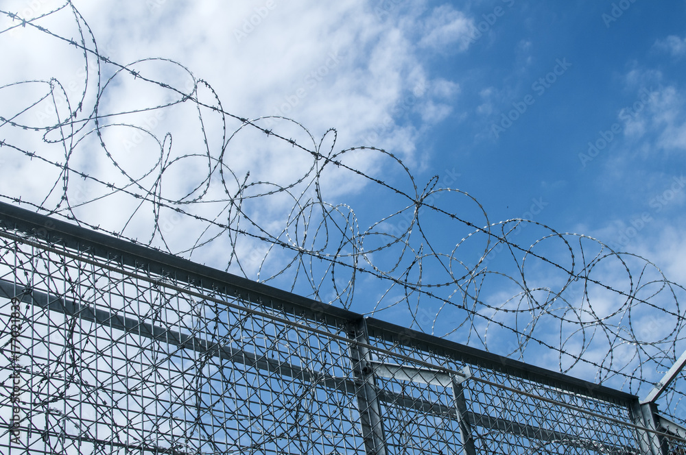 Border fence closeup with wire mesh closeup on blue sky background Border fence closeup with wire mesh closeup on blue sky background