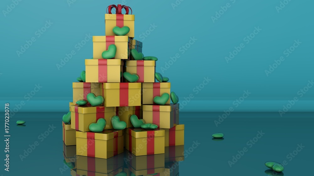 Albero di Natale 3D con pacchi regalo e cuoricini.