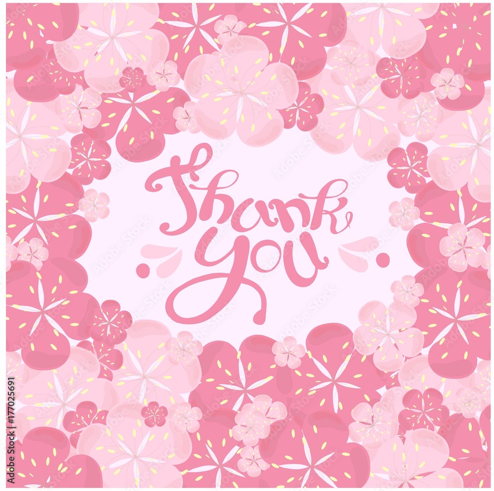 Typography banner lettering Thank you in painting pink flowers frame stock vector illustration