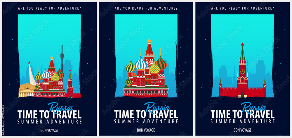 Set of Posters Travel to Russia. Journey, trip and vacation. Vector travel illustration.