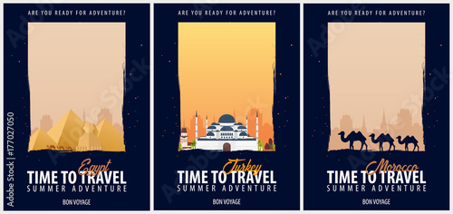 Set of Posters Travel to Egypt, Turkey and Morocco. Journey, trip and vacation. Vector travel illustration.