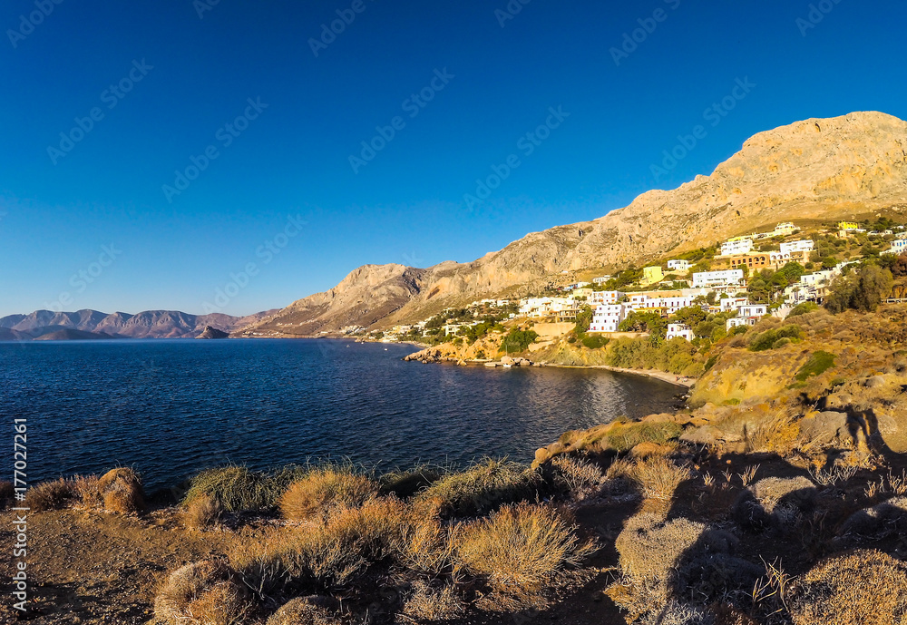 Mirties town bay on seaside in Kalymnos island, Greece