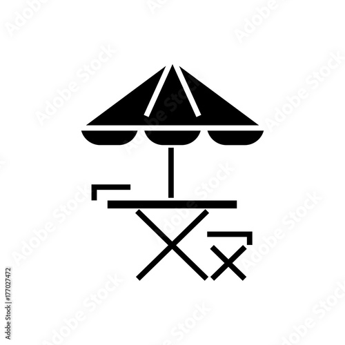 table, chair and sun umbrella icon, illustration, vector sign on isolated background
