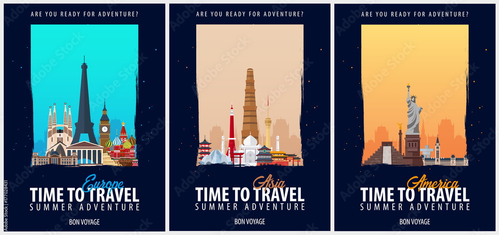 Set of Travel Posters. America, Europe, and Asia. Trip and vacation. Vector travel illustration.