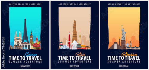 Set of Travel Posters. America, Europe, and Asia. Trip and vacation. Vector travel illustration.