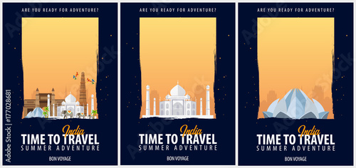 Set of Posters Travel to India. Journey, trip and vacation. Vector travel illustration.