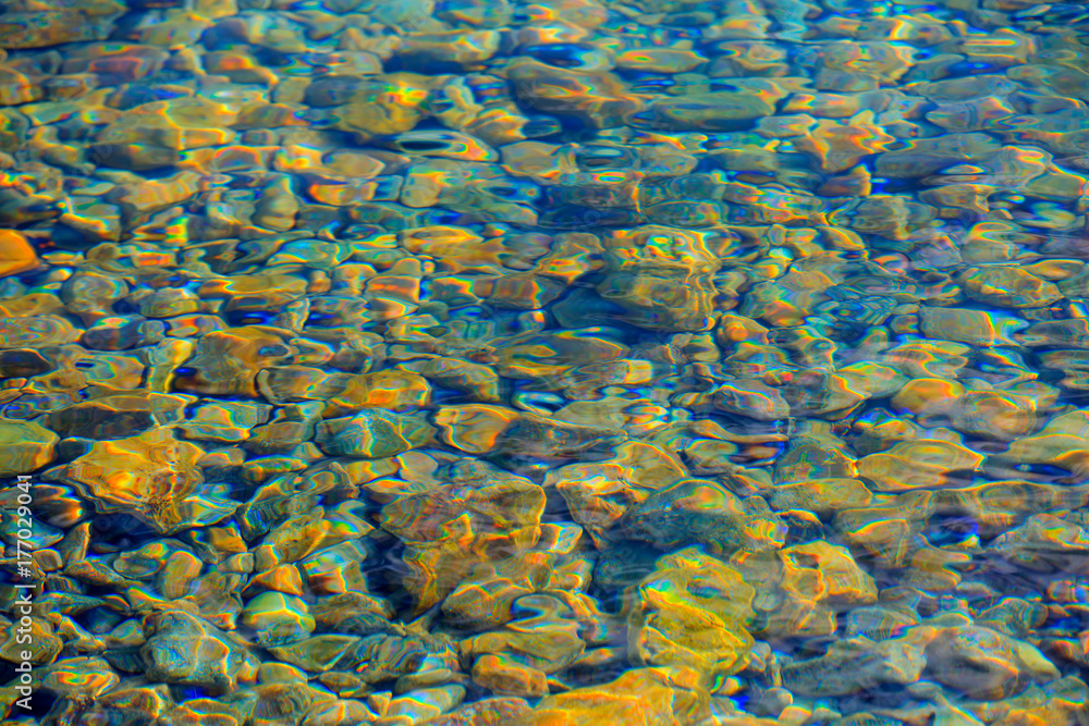 pattern of sea stone texture under colorful water.