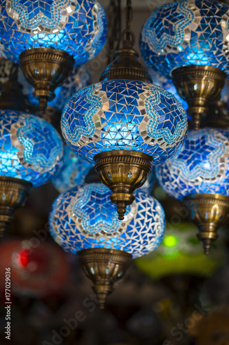 Photography Decorative blue chandeliers in bazaar. Close up. Turkey