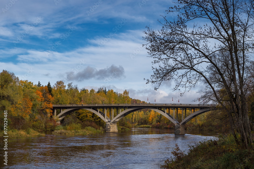 Landscape view of river Gauja with the old bridge , Latvia Landscape view of river Gauja with the old bridge , Latvia