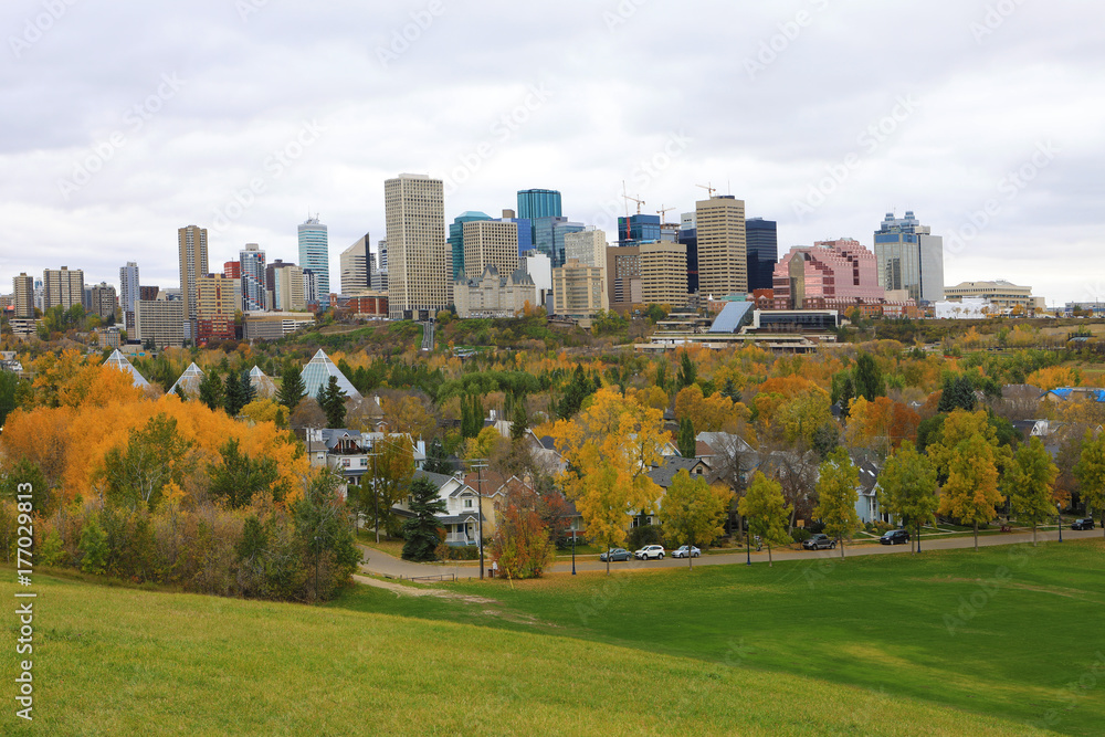 Naklejka premium Edmonton, Canada cityscape with colorful aspen in fall