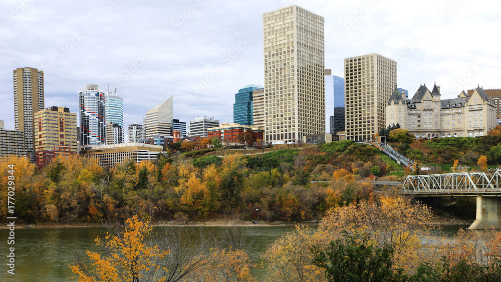 Edmonton, Canada city center with colorful aspen in autumn