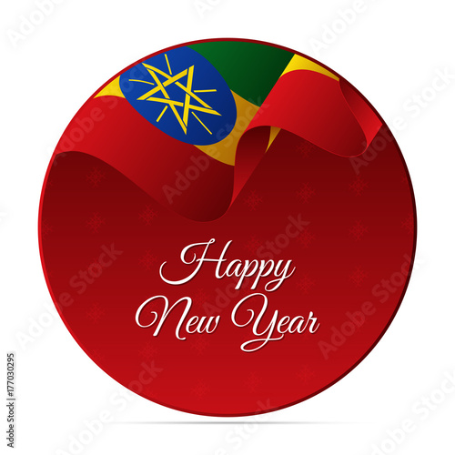 Happy New Year banner or sticker. Ethiopia waving flag. Snowflakes background. Vector illustration.