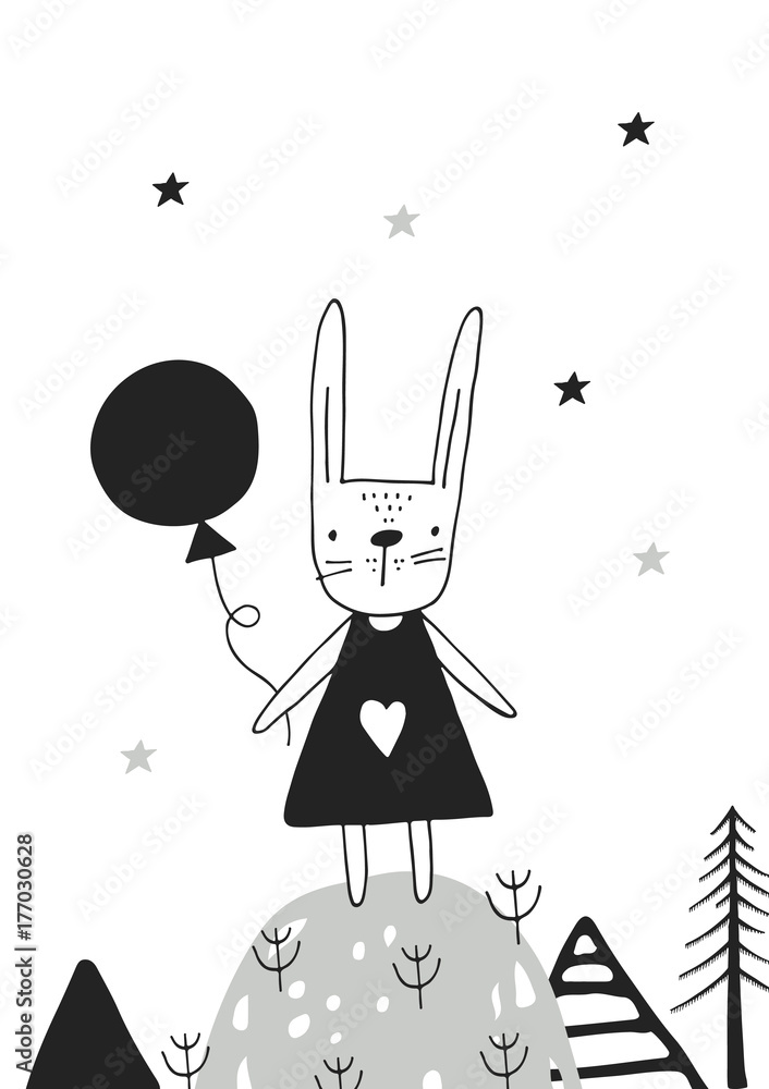 Fototapeta Cute hand drawn nursery poster with hare girl in scandinavian style. Monochrome vector illustration