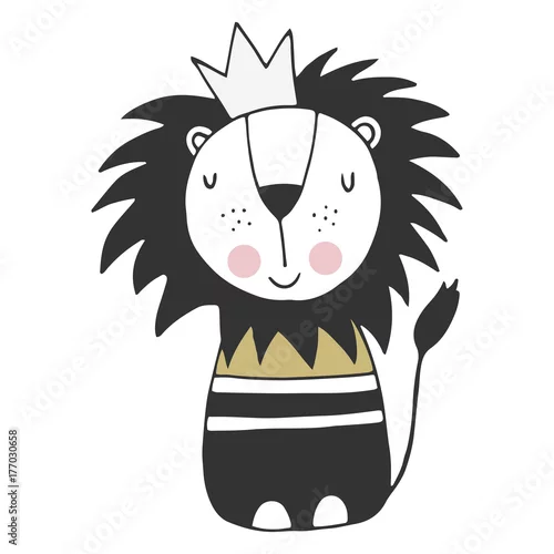 Naklejka na ścianę Ładny ręcznie rysowane plakat przedszkola z królem lwa w stylu skandynawskim. Ilustracja wektorowa monochromatyczne