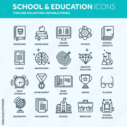 School education, university. Study, learning process. Oline lessons, tutorial. Student knowledge. History book.Thin line web icon set. Outline icons collection.Vector illustration.