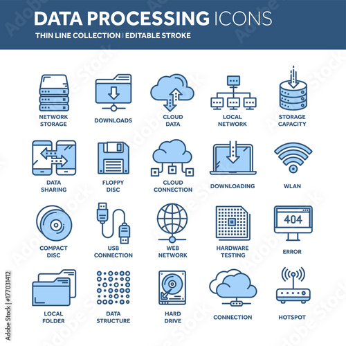 Cloud omputing. Internet technology. Online services. Data processing, information security. Connection. Thin line web icon set. Outline icons collection.Vector illustration.