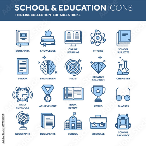 School education, university. Study, learning process. Oline lessons, tutorial. Student knowledge. History book.Thin line web icon set. Outline icons collection.Vector illustration.