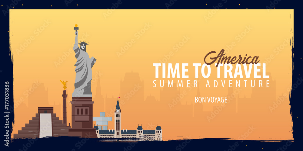 Obraz premium America banner. Time to Travel. Journey, trip and vacation. Vector flat illustration.