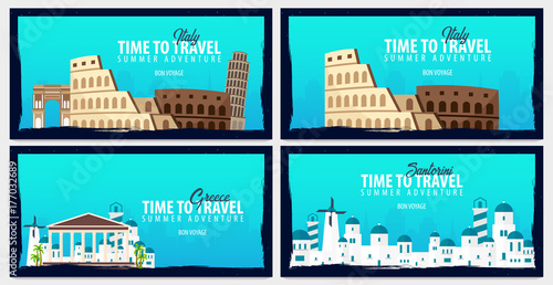 Set of travel banners to Italy and Greece. Time to Travel. Journey, trip and vacation. Vector flat illustration.
