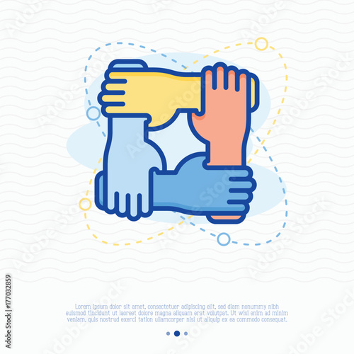 Four hands hold together for the wrist other. Symbol of team work, team play, togetherness. Thin line vector illustration.