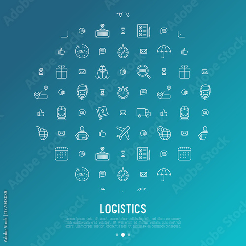 Logistics concept in circle with thin line icons of delivery, box, airplane, train, marine, crane, globe with pointer. Vector illustration for banner, web page, print media.
