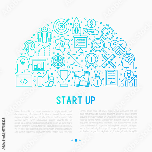 Start up concept in half circle with thin line icons of development  growth  success  idea  investment. Vector illustration for banner  web page  print media with place for text.