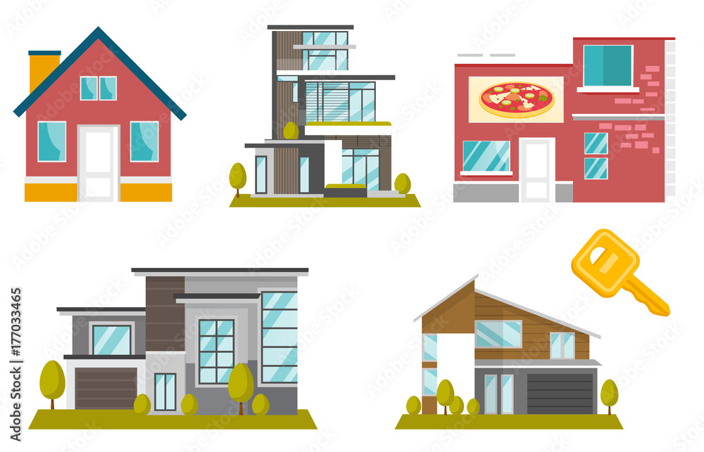 Buildings and houses illustrations set. Collection of colorful modern buildings including detached residential houses, cottages, cafe. Vector cartoon illustrations isolated on white background.