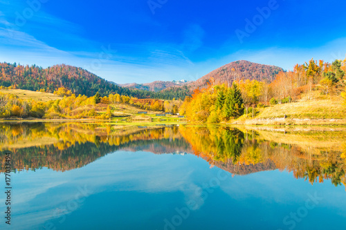View of Mrzla vodica lake and Risnjak mountain, autumn landscape, Gorski kotar, Croatia 