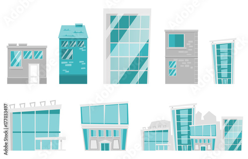 Buildings and houses illustrations set. Collection of modern city buildings, office buildings, glass skyscrapers, urban houses. Vector cartoon illustrations isolated on white background.