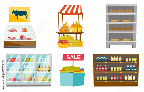 Store furniture illustrations set. Collection of shop furniture including showcase, refrigerator with products, counter, shelves with bread. Vector cartoon illustrations isolated on white background.