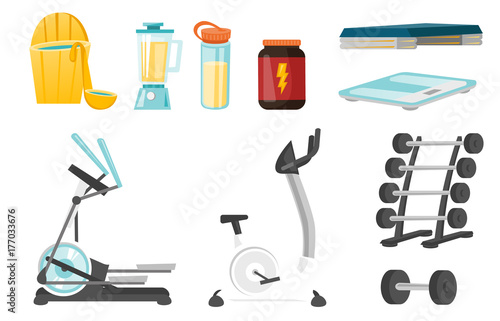 Sport equipment and supplies illustrations set. Collection of exercise stepper, stationary bicycle, crosstrainer, scales, training apparatus. Vector cartoon illustrations isolated on white background.