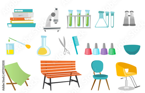 Hairdressing accessories and laboratory equipment illustrations set. Collection of microscope, test tube, binoculars, scissors, nail polish. Vector cartoon illustrations isolated on white background.