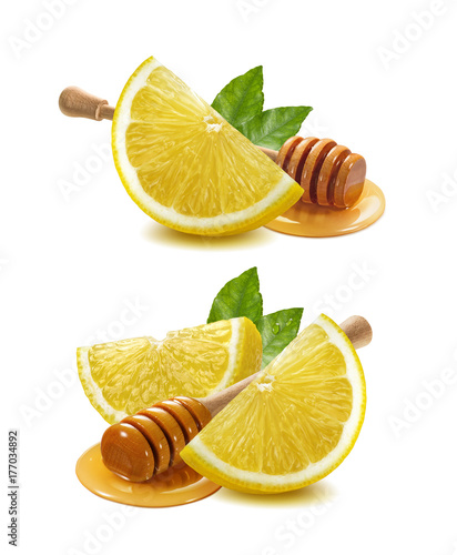 Lemon piece, honey dipper set isolated on white