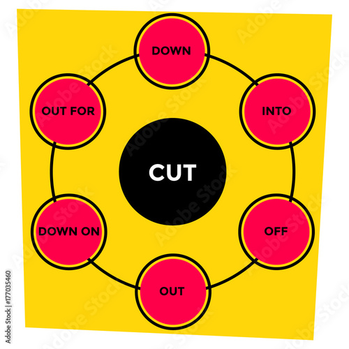 English grammar. Phrasal verbs. "Cut" verb. Diagram.