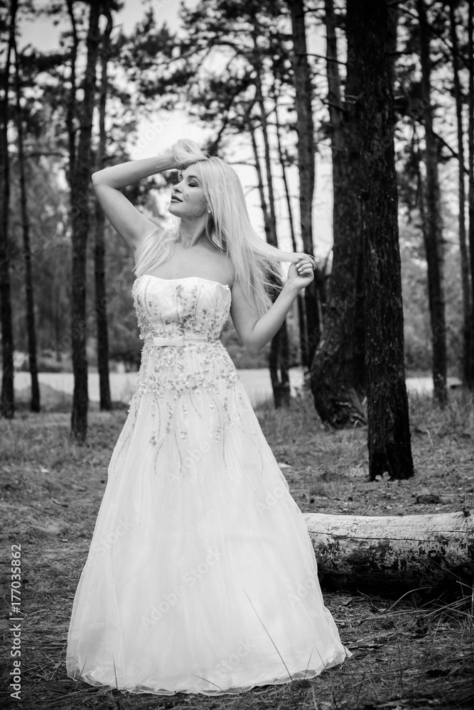 Romantic tender bride in a white dress in the forest. The concept of a wedding in a rustic style. Beauty of the bride in combination with forest and nature, wedding fashion and dress elements Romantic tender bride in a white dress in the forest. The concept of a wedding in a rustic style. Beauty of the bride in combination with forest and nature, wedding fashion and dress elements