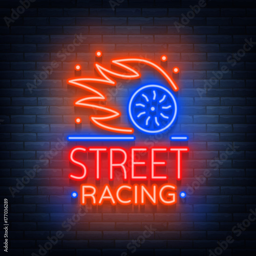 Street racing logo emblem template vector logo in neon style. A glowing sign on the theme of the races. Neon sign, light banner