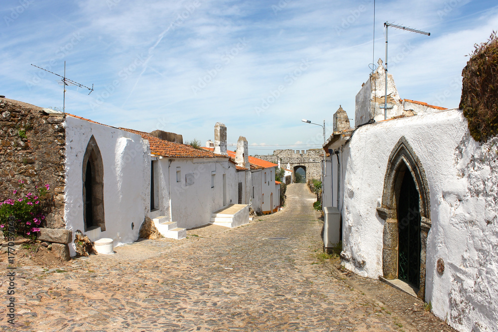 The streets and houses of Evora Monte, a walled town in the Alentejo region of Portugal