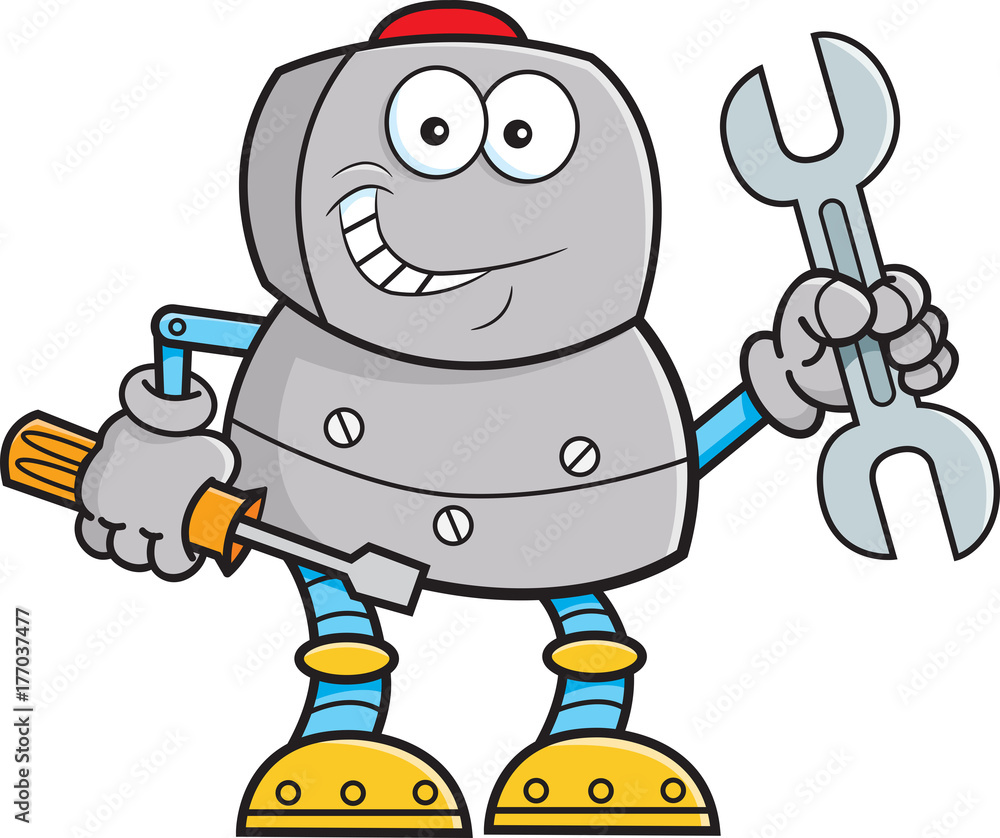 Cartoon illustration of a robot holding tools. Cartoon illustration of a robot holding tools.