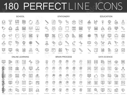180 modern thin line icons set of school, stationery, education, online learning, brain process, data science.
